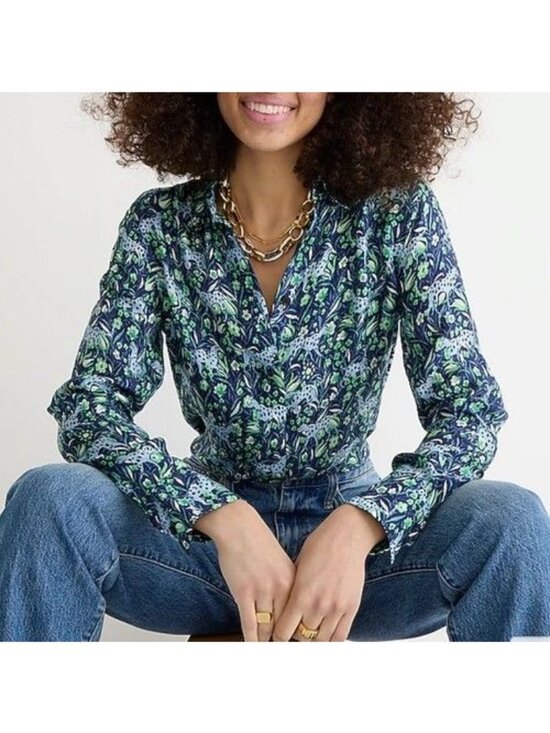 J. Crew Tops - J. Crew Womens Size 8 Classic-fit Shirt Fauna Floral Button-Up Top Blue Leopard